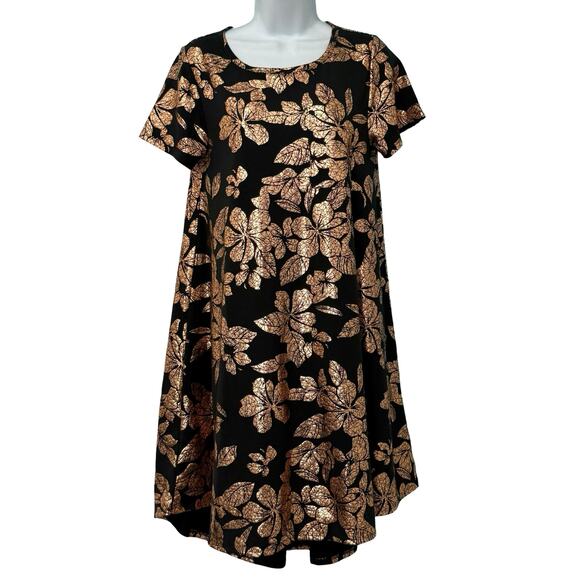 Lularoe Carly Metallic Gold Foil Floral Black Shirt Short Sleeve Dress size XS - Picture 1 of 11